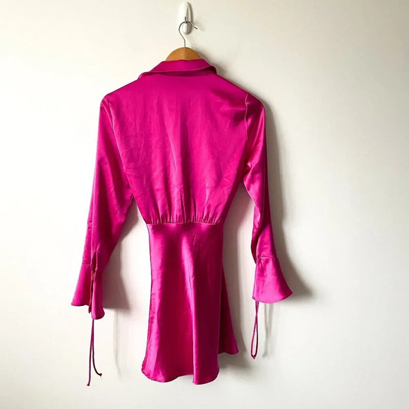 Zara Satin Effect Long Sleeve Ruffle Cuff Lapel Collar Mini Dress Fushia Pink Sm - Picture 9 of 11